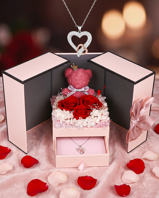 Preserved Rose Teddy Bear Jewelry Gift Box